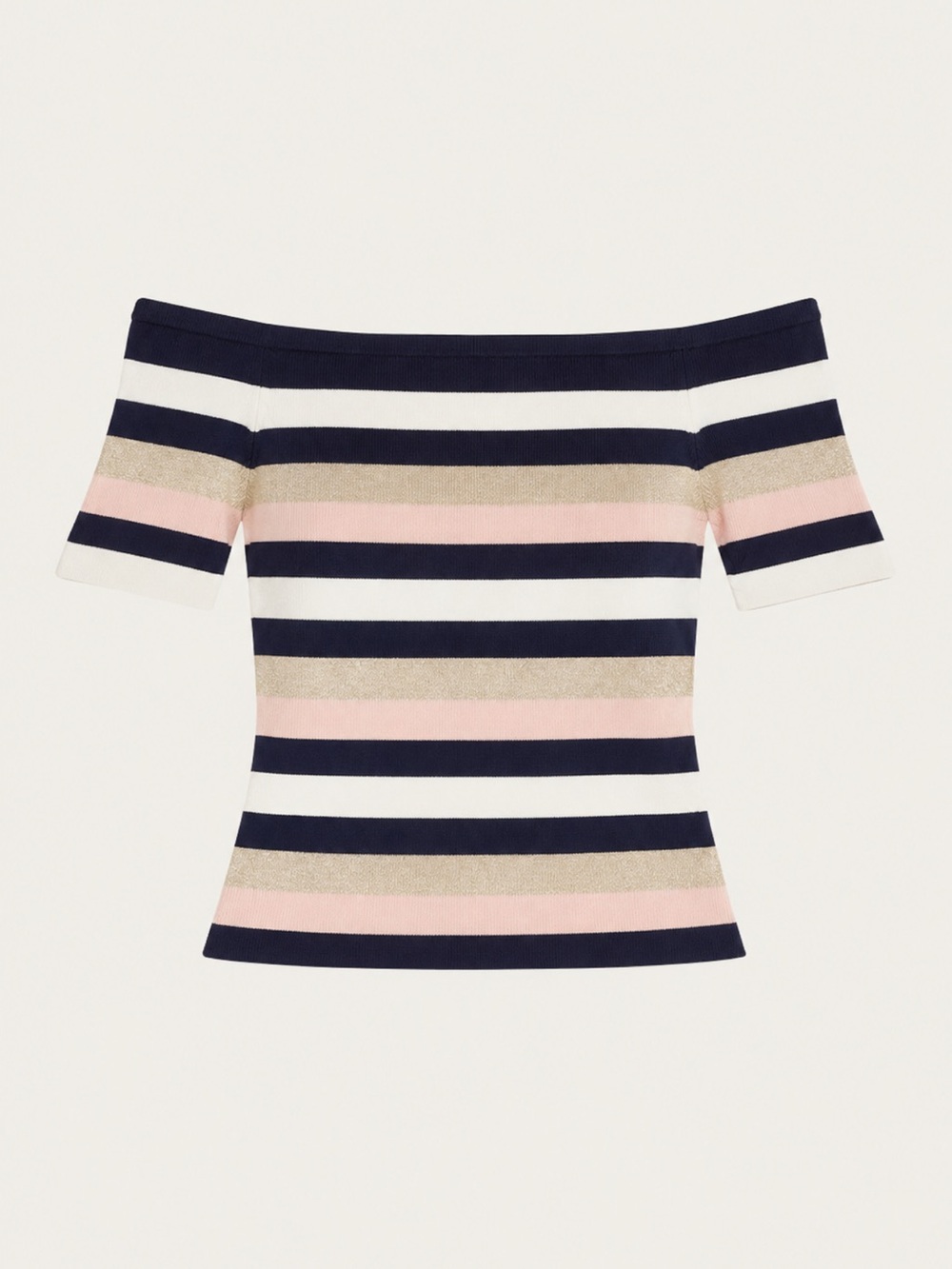Off-Shoulder Striped Knit Top in Navy, White & Pink